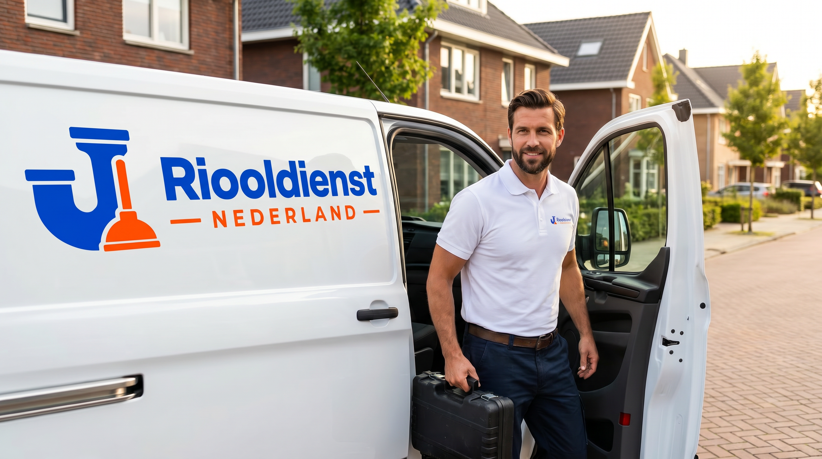 Monteur van Riooldienst Nederland stapt uit de servicebus
